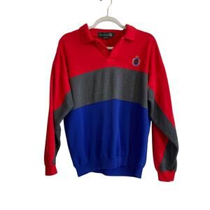 Vintage 80s Red Blue Gray Colorblock Logo Preppy Polo Sweatshirt Size Medium